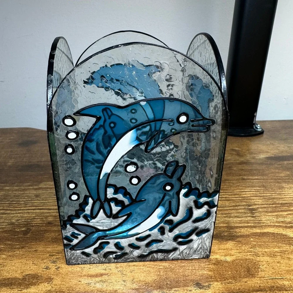 Vintage Stained Glass Dolphin Candle Holder Blue Ocean Nautical Votive Decor